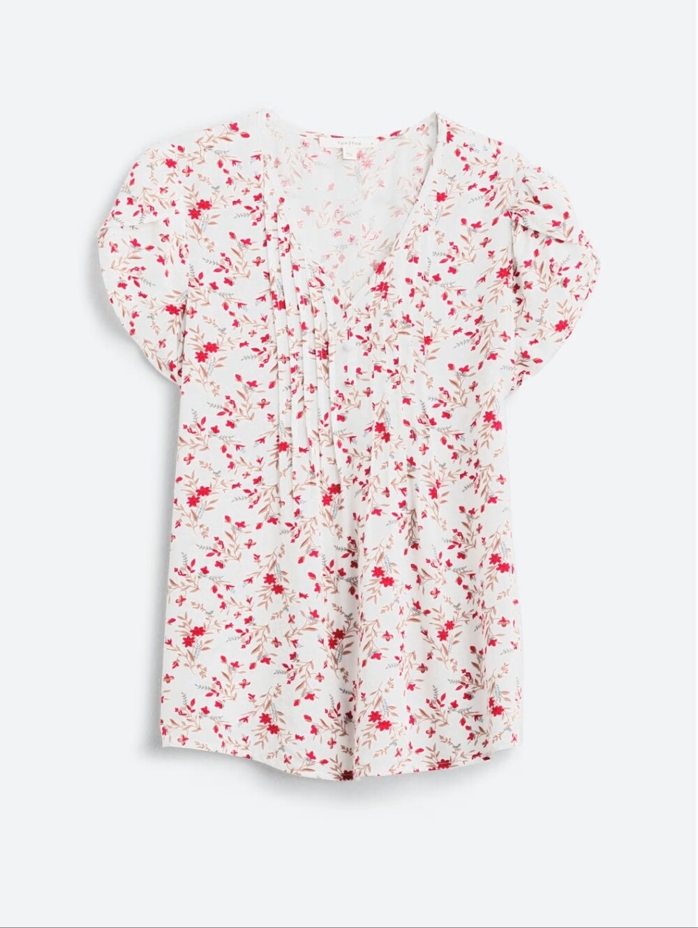 Ruffled V-Neck Floral Blouse - White with Red Floral